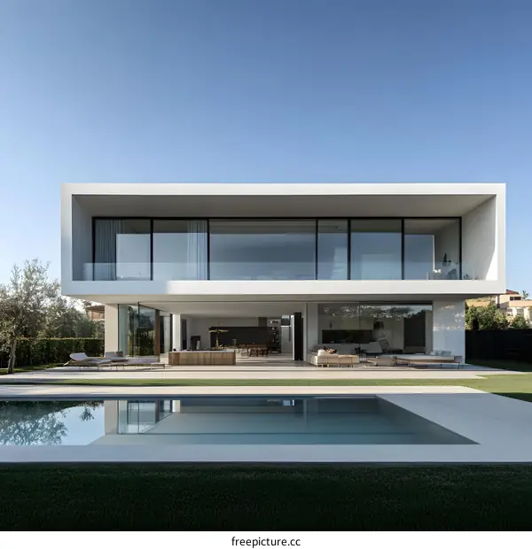Modern White House with Swimming Pool and Large Windows