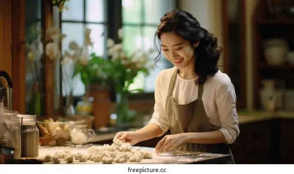Asian woman making dumplings in the kitchen