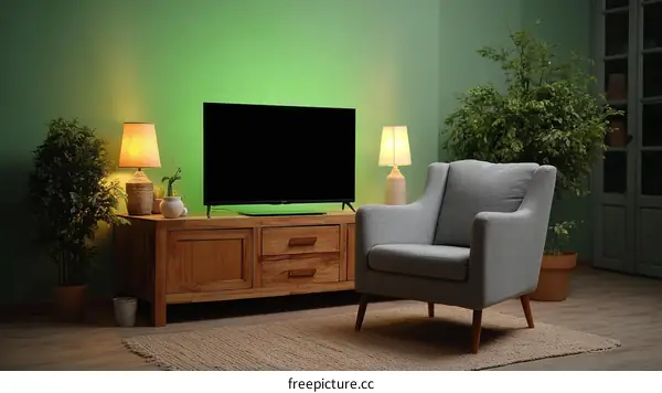 Modern Living Room with Smart TV and Cozy Chair