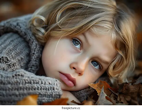 Portrait of a Young Girl with Blonde Hair in Autumn Leaves