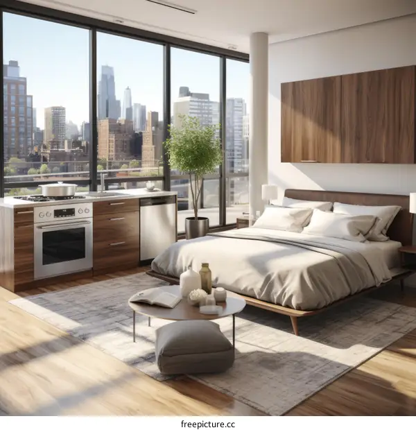 Modern city apartment interior with large windows and minimalist furniture