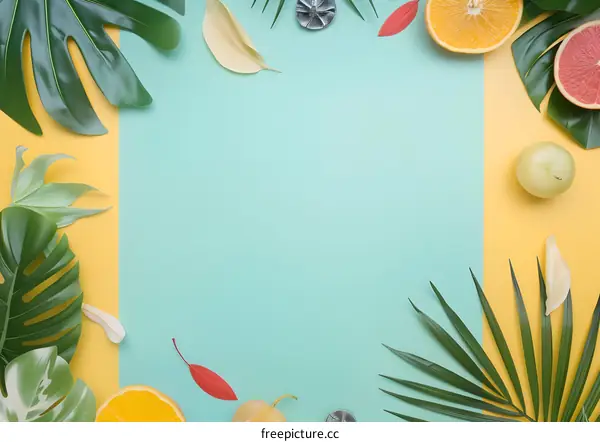 Tropical Fruit and Leaves on a Blue and Yellow Background