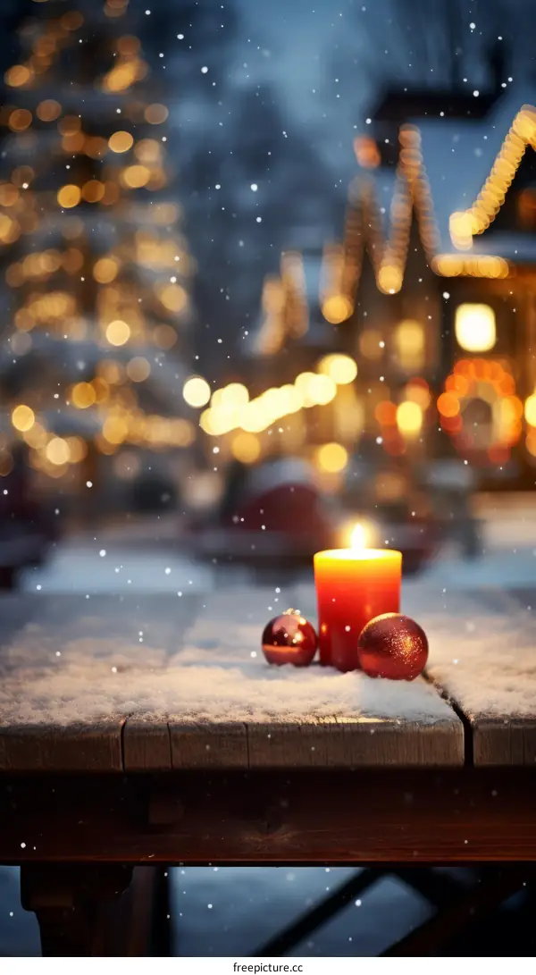 Red candle and Christmas ornaments on a snowy table with a blurred background of a Christmas market.