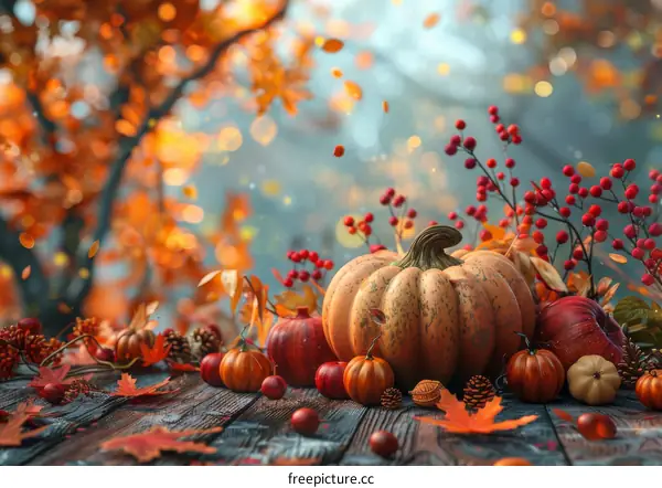 Autumn Harvest Still Life with Pumpkins, Gourds, and Berries