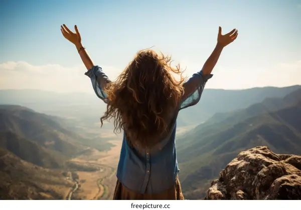 carefree woman soaks in mountaintop euphoria
