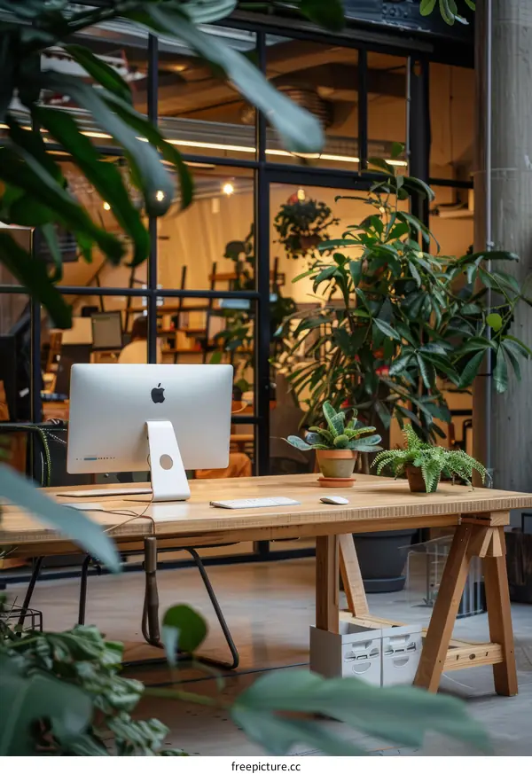 iMac on a wooden table in a lush garden with plants and foliage
