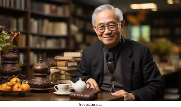 Portrait of an Asian man in a library