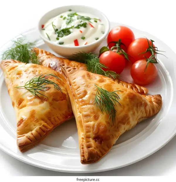 Delicious baked pastries with herbs and dip