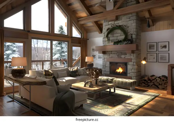 Cozy Cabin Living Room with Stone Fireplace and Large Windows