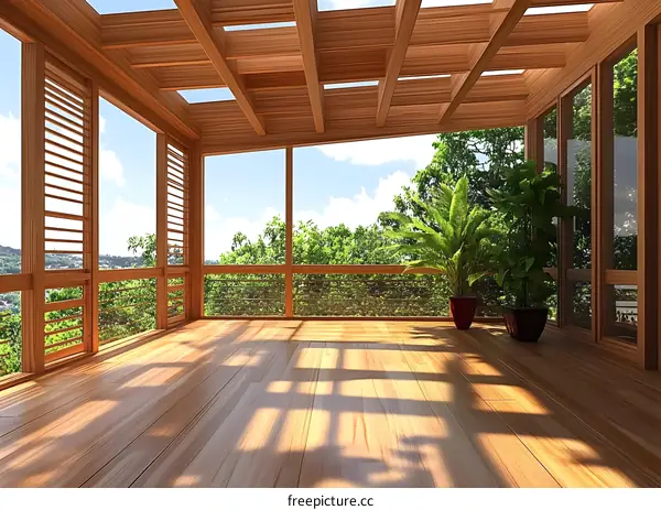Wooden Patio With Glass Walls And View Of Greenery