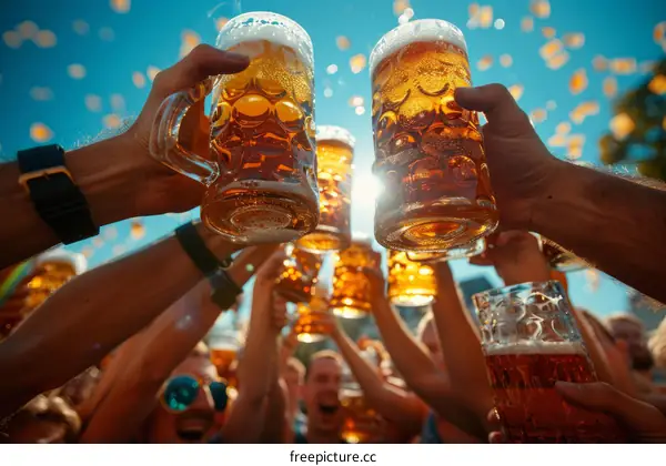 Group of friends toasting beer mugs at Oktoberfest