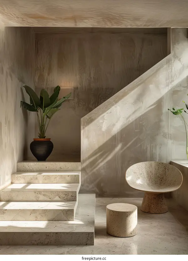 Interior Staircase with Lush Plant and Pebble Sculpture