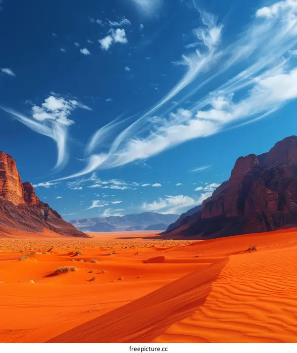 Red Sand Desert Landscape with Azure Sky and Clouds