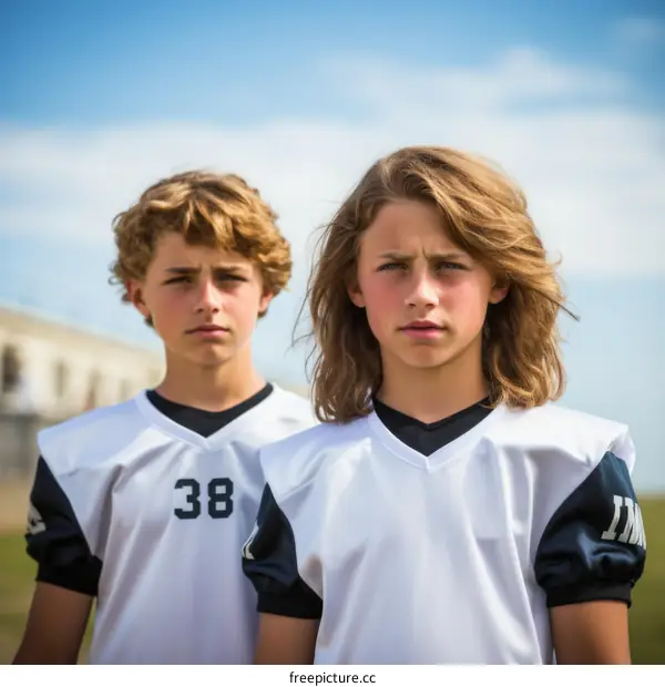 Two young male football players with long blond hair posing together in their uniforms
