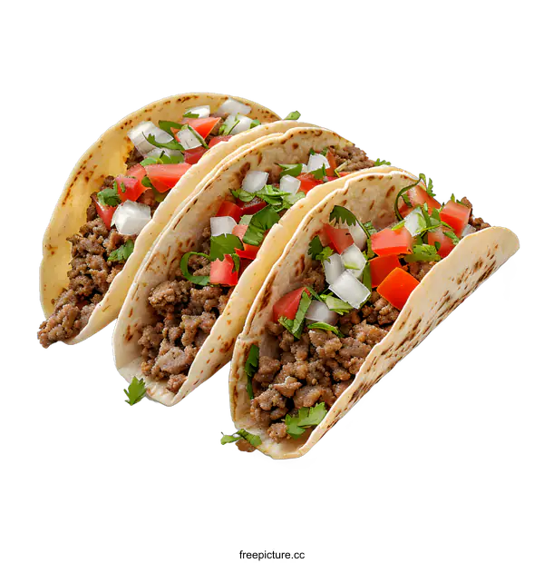 [Transparent Background PNG]Three delicious tacos with ground beef, tomatoes and onions