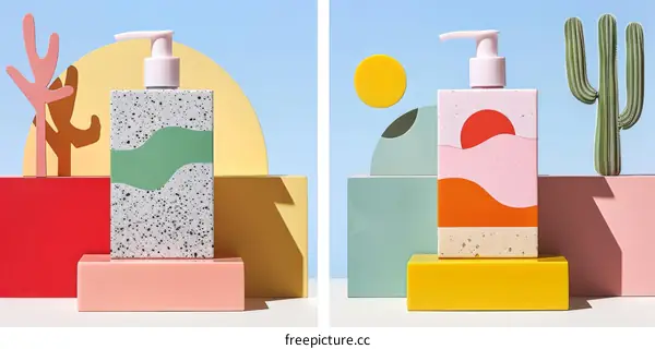 Two Stylish Hand Soap Dispensers in a Colorful Desert-Themed Setting