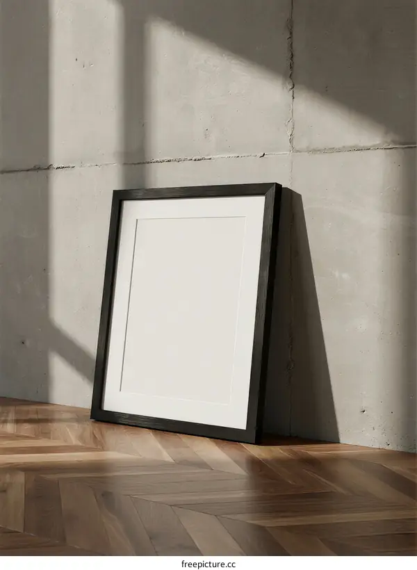 A black empty picture frame leaning against a concrete wall