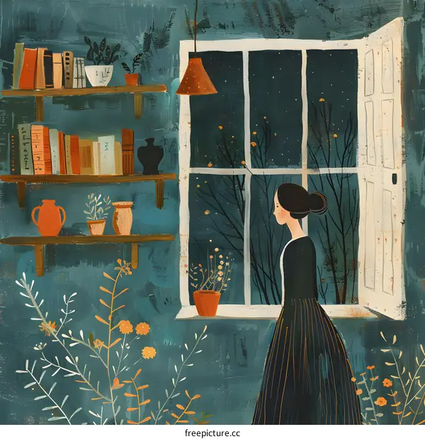 A woman standing in front of a window looking out at night