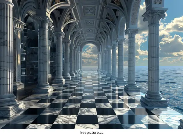 Surreal Architecture with Checkerboard Floor and Marble Columns