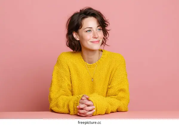 Woman in a Yellow Sweater against a Pink Background