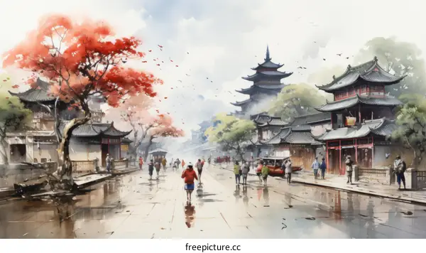 Chinese ancient architecture, street view of a town in the Ming and Qing Dynasties