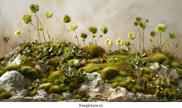 Green Moss and Flowers on Stone Landscape