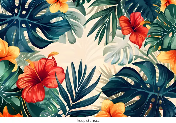 Tropical flowers and leaves