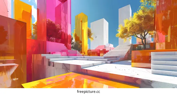 Surreal colorful city with geometric shapes and reflective surfaces