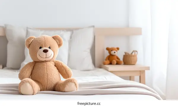 Cute teddy bear relaxing on a comfy bed with another teddy