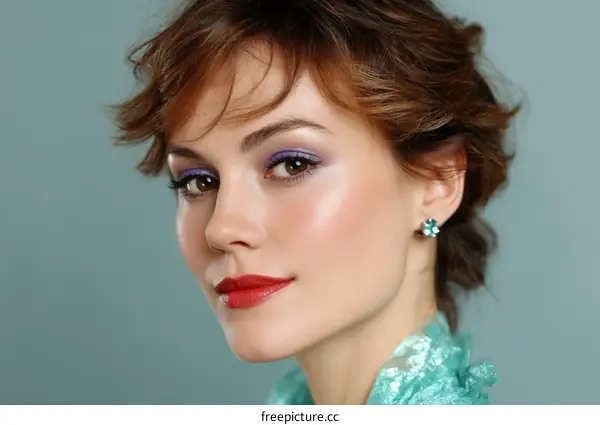 Close-up Portrait of a Caucasian Woman with Elegant Makeup and Earrings
