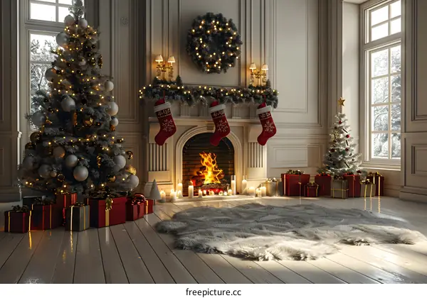 Christmas living room interior with decorated Christmas tree, fireplace and gifts