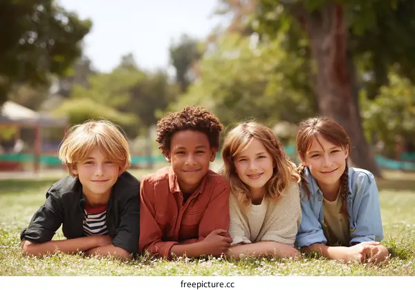Four Diverse Children Laying on Grass in a Park