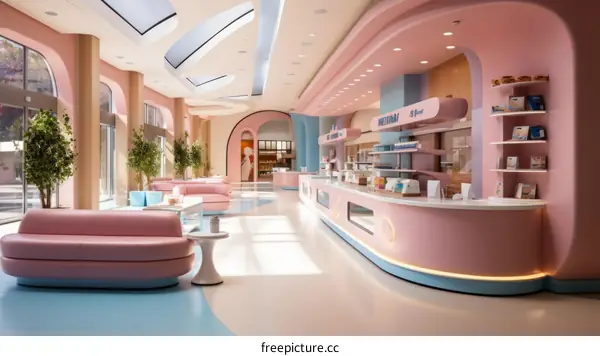 Minimalist Modern Cafe Interior with Pastel Color Palette and Geometric Shapes