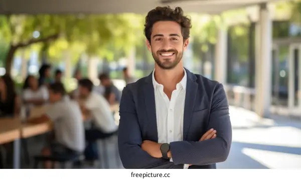 Confident young businessman standing with arms crossed in a modern office