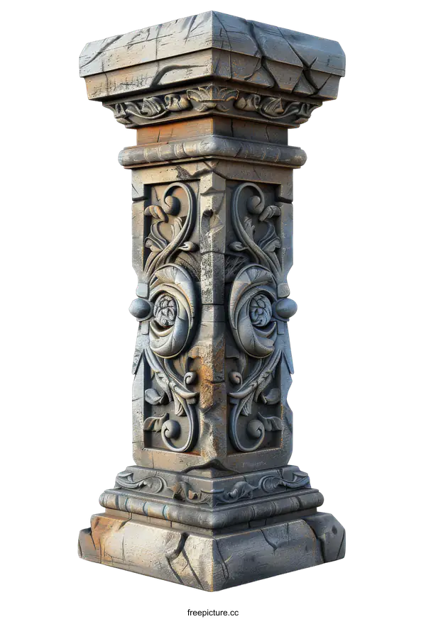 [Transparent Background PNG]gray stone pillar with carved floral details