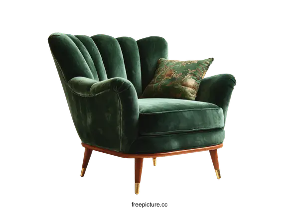 [Transparent Background PNG]Dark Green Velvet Armchair with Decorative Pillow