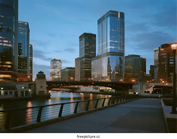 City skyline at dusk with river and modern buildings