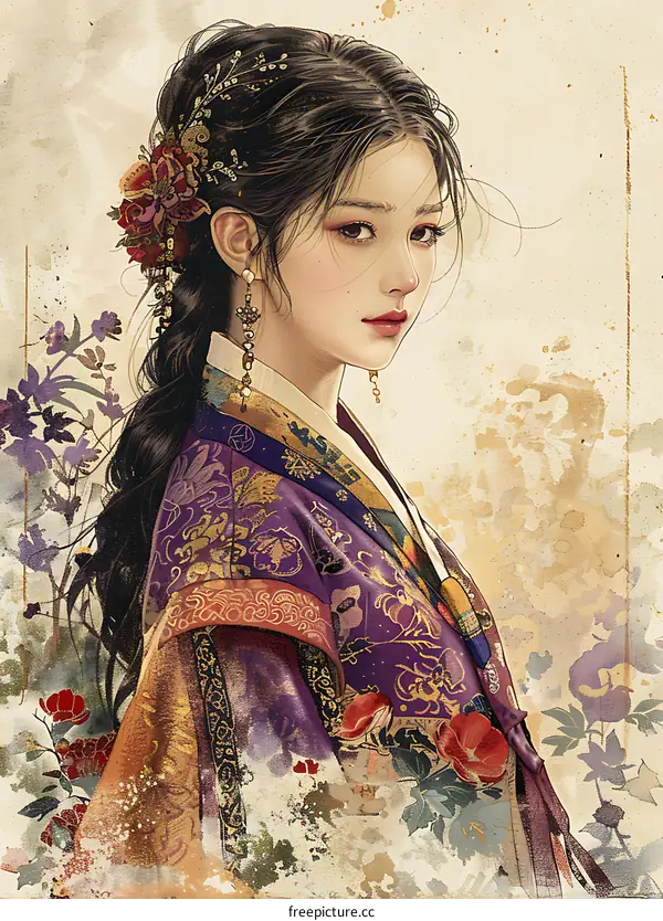 Illustration of a Korean woman in traditional Korean clothing