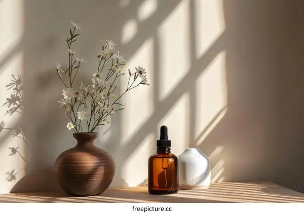 Still life with flowers and essential oil bottle