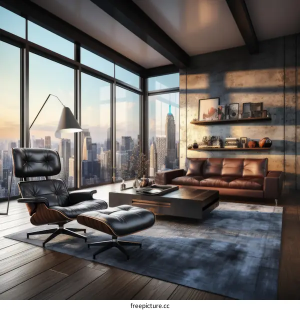 Modern living room interior with city view