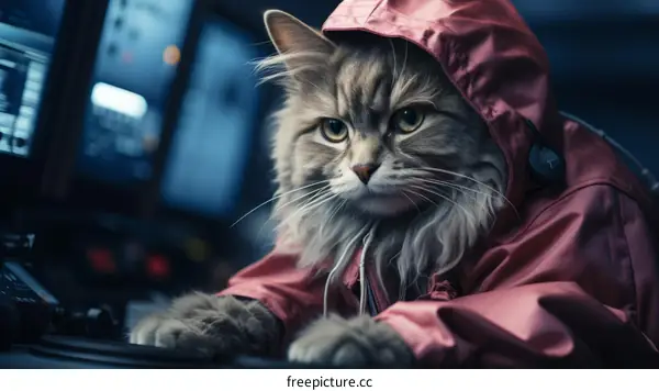 A cat wearing a pink raincoat is sitting in front of a computer.