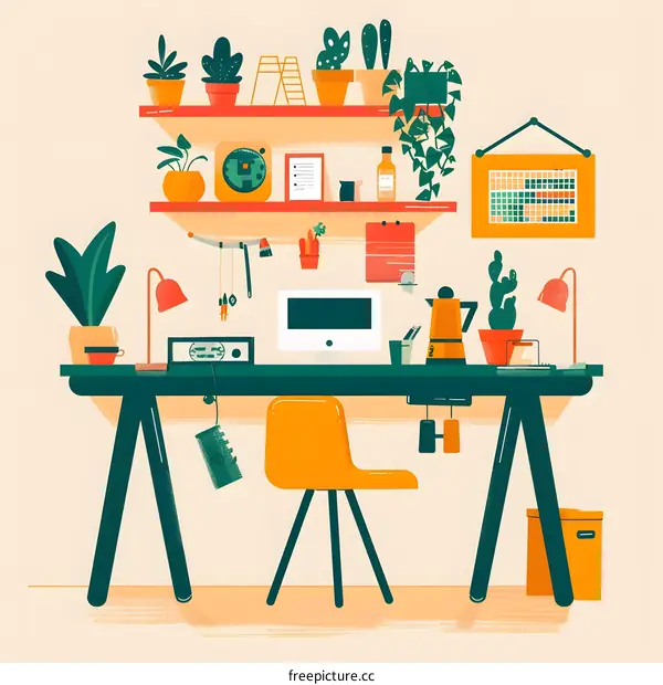 Modern Home Office Workspace with Plants and  Desk Accessories