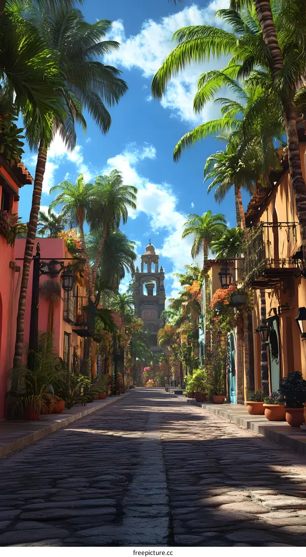 Cobblestone Street in a Tropical Town