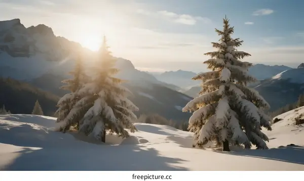 Sunlit Snow-Covered Pine Trees in Mountainous Winter Landscape