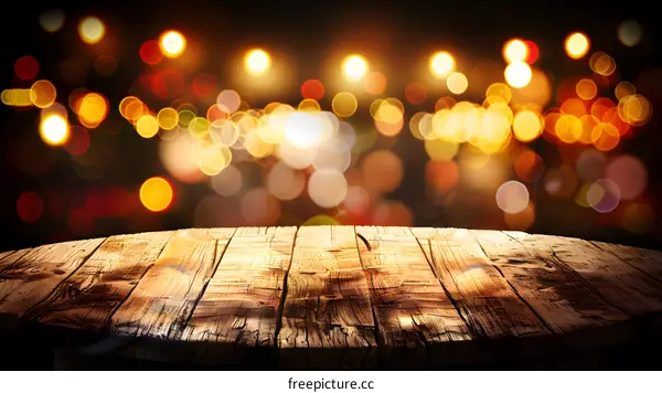 Wooden Table with Warm Bokeh Lights