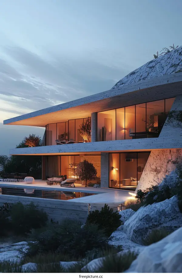 Modern Concrete House with Pool at Dusk