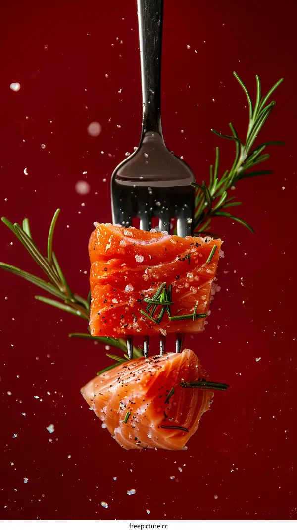 A fork with a piece of salmon fillet on it, garnished with rosemary springs and sea salt flakes