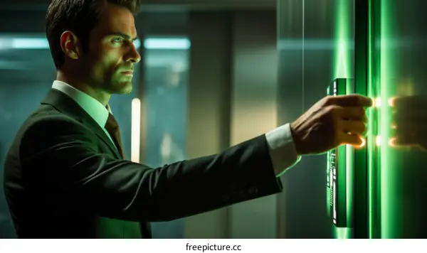 Businessman in suit pressing elevator button