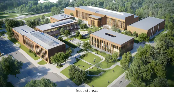 Aerial View of University Campus with Buildings and People