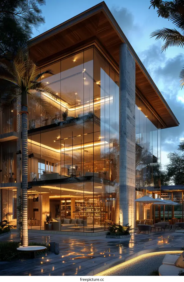 Luxurious Modern Glass Facade Villa with Palm Trees
